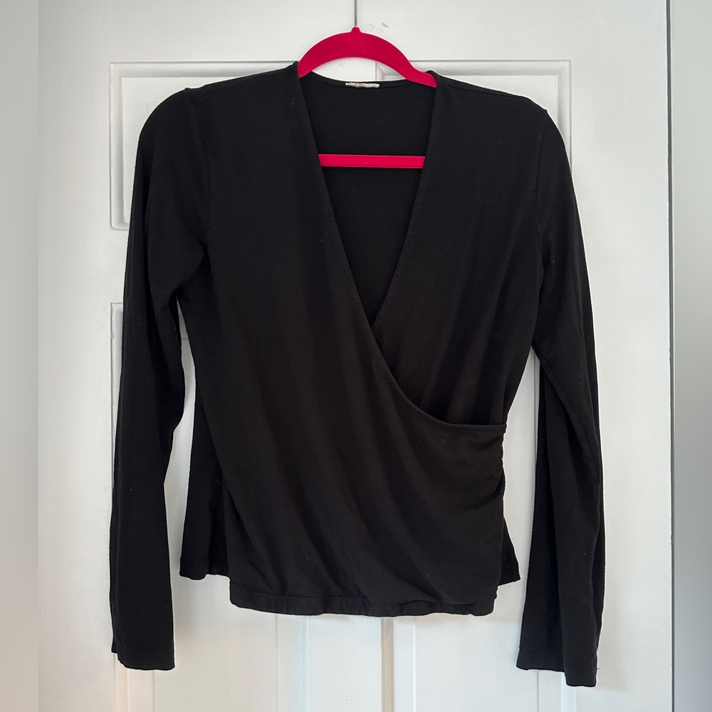 J. Jill Black Wrap Long Sleeve Business Casual Cottage V-Neck Top in Size 4